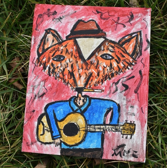 Original Folk Art Fox Playing Guitar